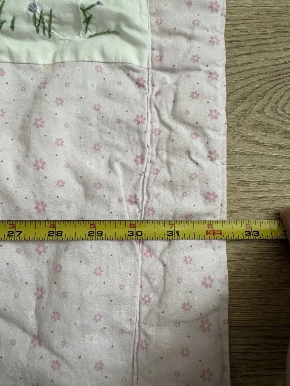 Vintage Handmade Baby Quilt Pink & White Embroidered Animals Flowers